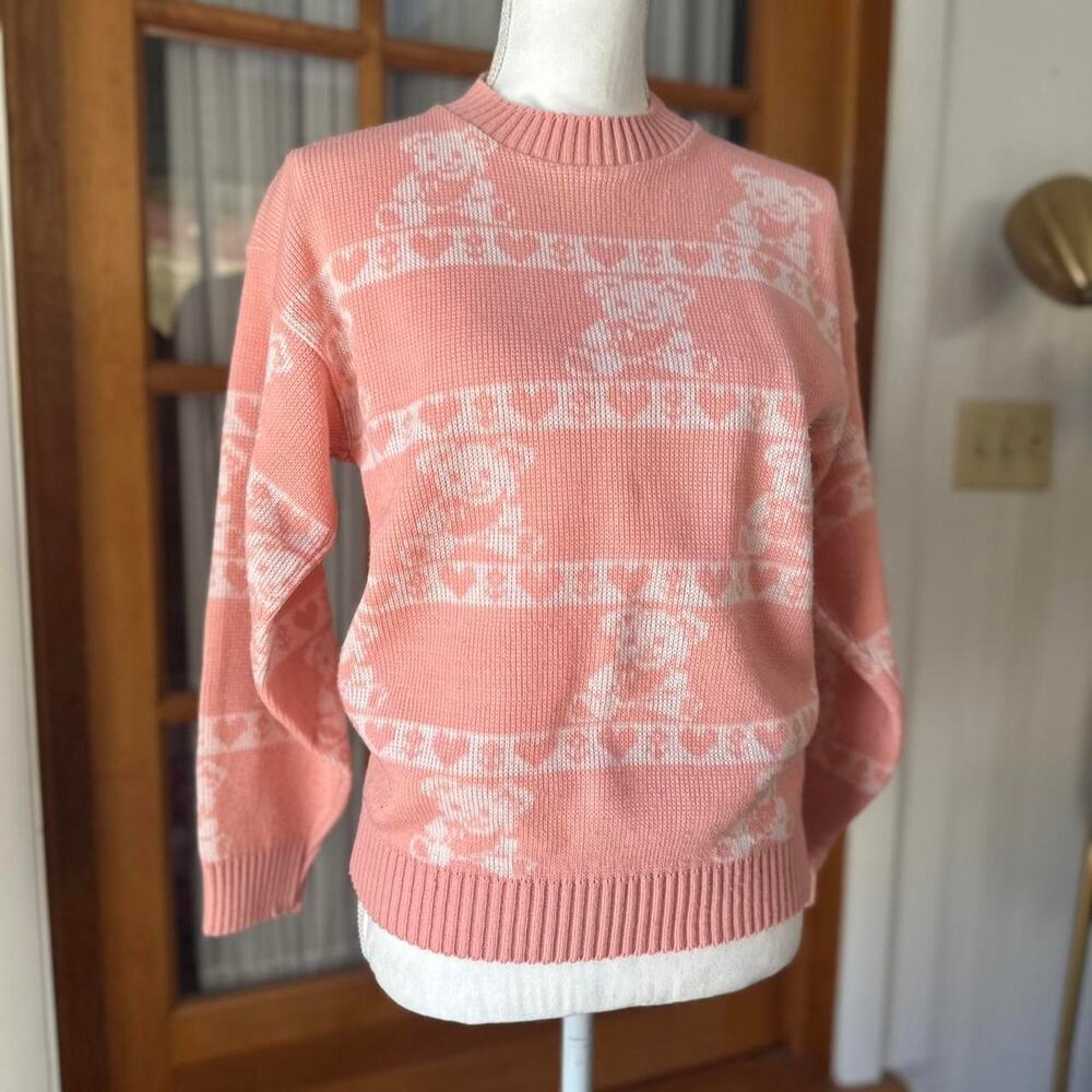 Vintage pink teddy bear valentines sweater cottage core size S